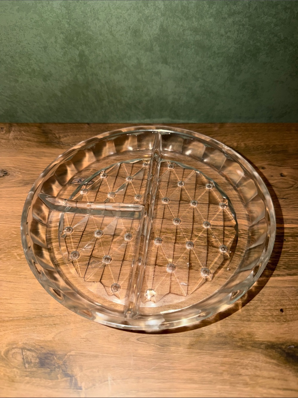 Round Clear Glass Divided Serving Tray with Textured button and bow design